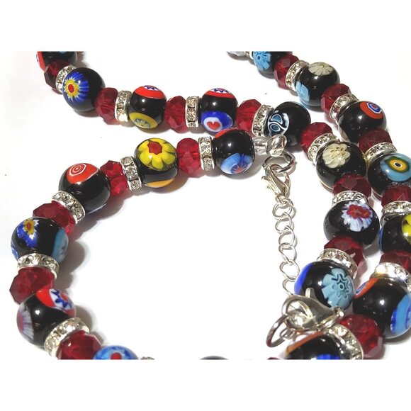 Multicolor Millefiori & Red Crystal Beaded Necklace With Rhinestone Spacers And - Picture 6 of 6